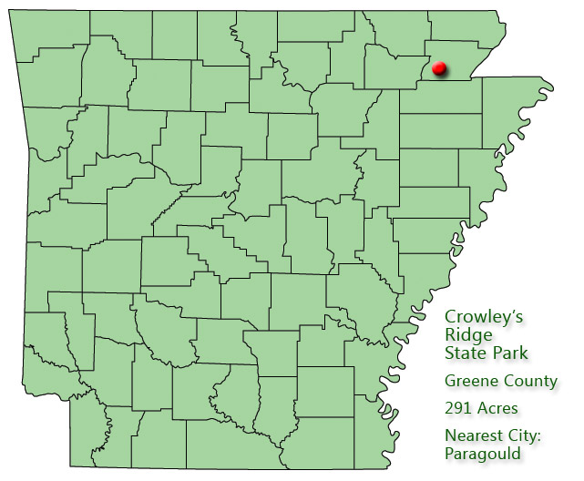 map outlining Arkansas counties with red pin near northeast boundary