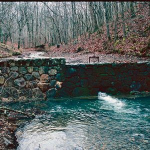Stone wall dam and stream in forest