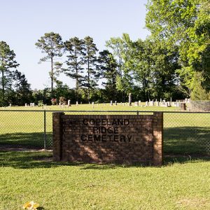 Cemetery inside fence with brick sign outside it on grass
