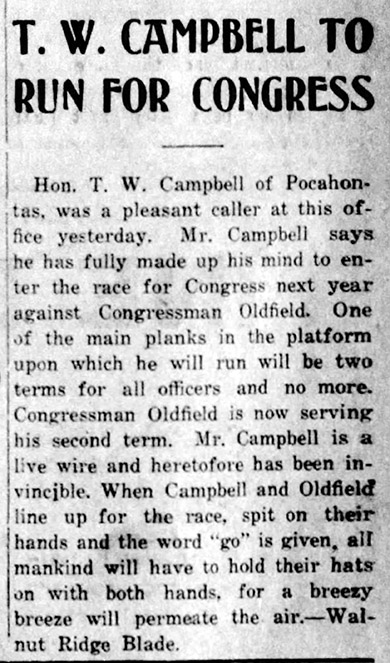 "T.W. Campbell to run for Congress" newspaper clipping