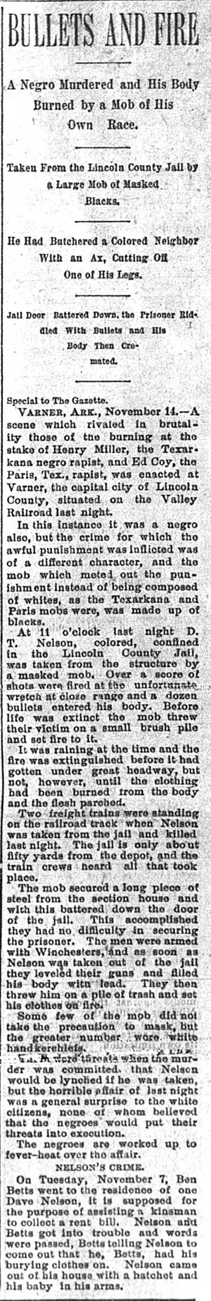 "Bullets and Fire" newspaper clipping saying "A negro murdered and his body burned by a mob of his own race"