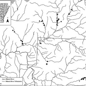 Map showing Illinois River and its tributaries with sites found along them denoted with dots triangles and plus signs