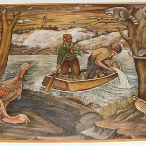 Two white men on boat in river with animals in the foreground
