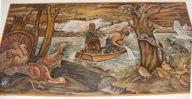 Two white men on boat in river with animals in the foreground