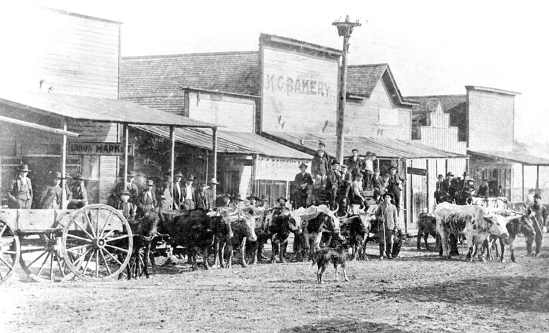 Men in hats with horse-drawn wagons and livestock on city street with buildings behind them
