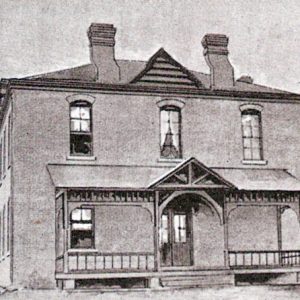black and white rendering of multistory building with covered porch and brick chimneys