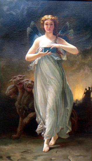 White female winged person holding box with three headed dog behind her
