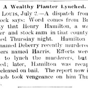 "A Wealthy Planter Lynched" newspaper clipping