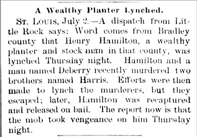 "A Wealthy Planter Lynched" newspaper clipping