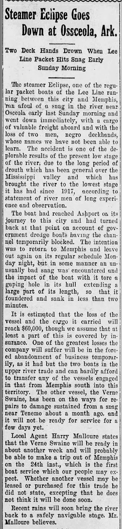 "Steamer Eclipse Goes Down" newspaper clipping
