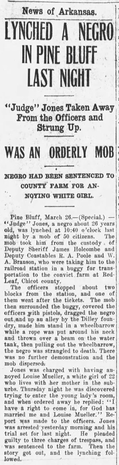 "Lynched A Negro in Pine Bluff last night" newspaper clipping