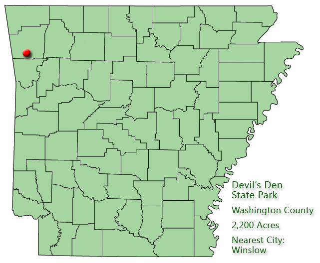 map outlining Arkansas counties with red pin near northwest corner