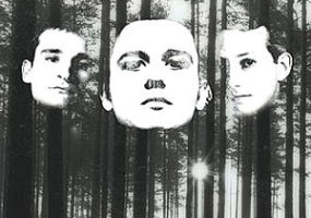 Faces of three white men superimposed upon forest with red and white text on book cover