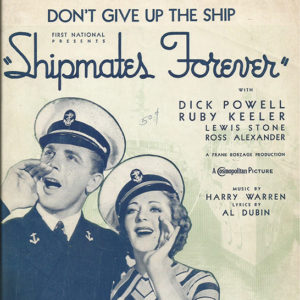 Young man in Naval uniform and woman in Naval cap yelling with text on songbook cover