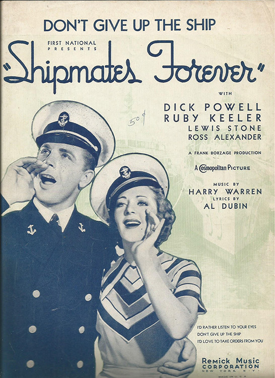 Young man in Naval uniform and woman in Naval cap yelling with text on songbook cover