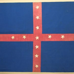 Blue flag with white stars on red cross stripes