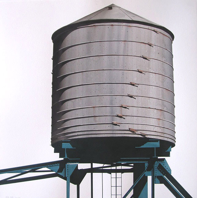 Watercolor painting realistic water tower with two tone chiaroscuro steel foundation and flat white background