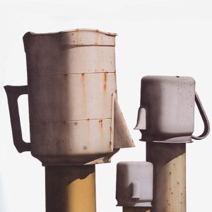 watercolor still life painting realistic upside down coffee pots with slight rust on cylindrical forms