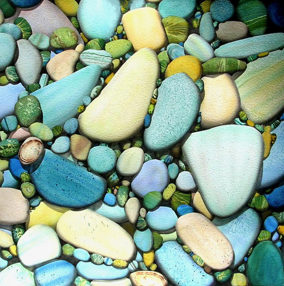 Watercolor painting overhead view river rocks various sizes colors and patterns
