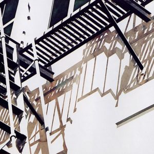 Watercolor fire escape and windows with only shadows painted lit areas represented by bright paper