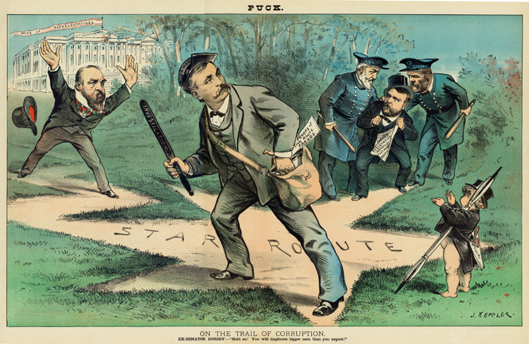 drawing of man positioned at star-shaped patch in the grass labeled "star route," wearing a suit and holding messenger bag and club, surrounded by other figures with the White House in the background