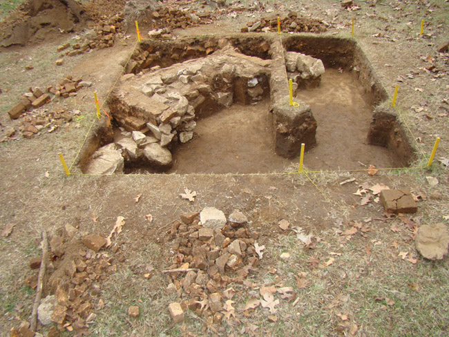 Dig site with excavated wall inside and yellow line markers