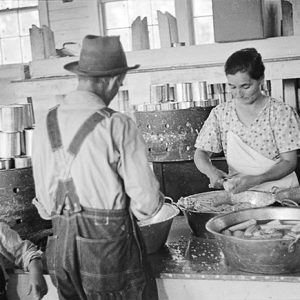 White man in hat and overalls with white woman and boy in kitchen slicing vegetables