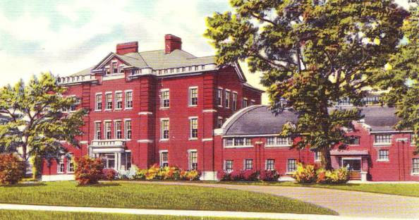 Colored drawing of a three-story red brick building with curved driveway and trees