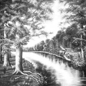 Drawing of river with settlers and fort on the right side and trees along both banks