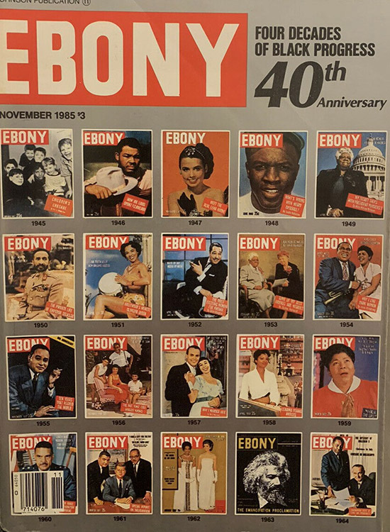 Rows of smaller cover designs on fortieth anniversary edition of Ebony magazine