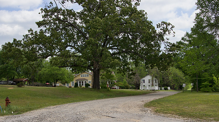 Gravel driveway with two-story houses in background and trees