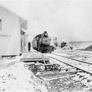 Steam locomotive at "Elm Springs" depot