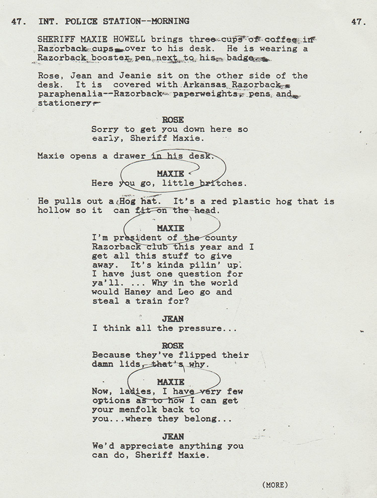Page 47 of movie script with "Maxie" lines circled in pen