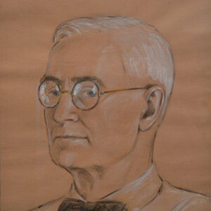 Drawing of white man with glasses in shirt and bow tie