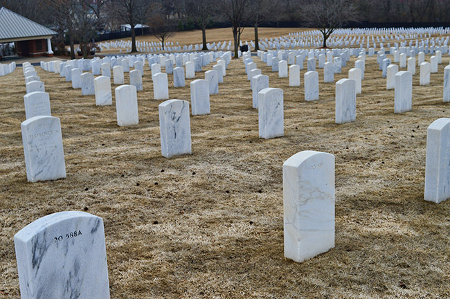Rows of white marble grave markers in cemetery