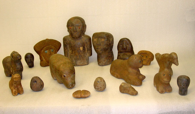 Carved artifacts resembling people and animals