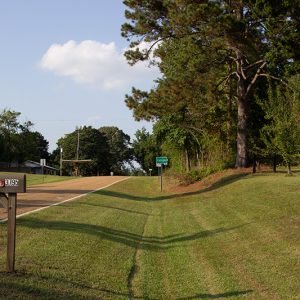 "Falcon" sign on two-lane road with mailbox in the foreground