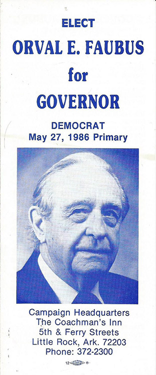 Old white man in suit and tie on brochure with blue text