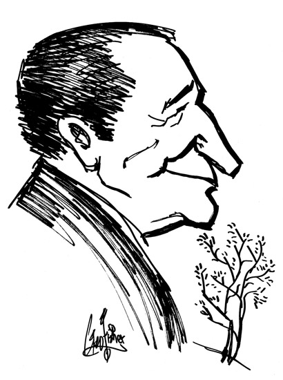 Cartoon profile view of an old white man and small bush
