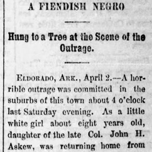 "A Fiendish Negro hung to a tree at the scene of the outrage" newspaper clipping