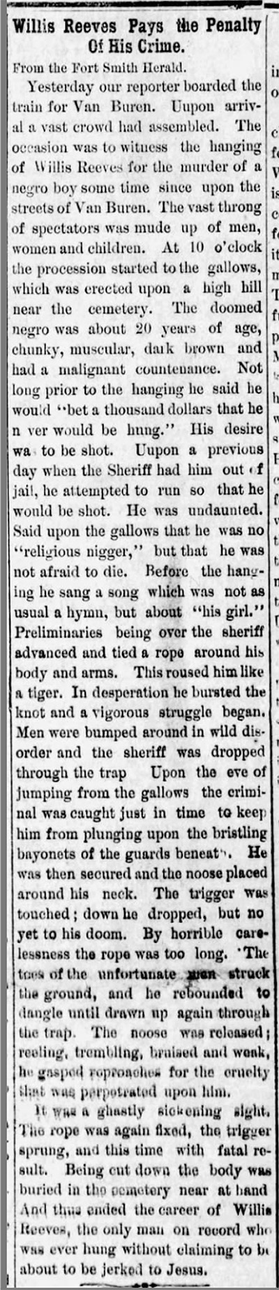 "Willis Reeves pays the penalty for his crime" newspaper clipping