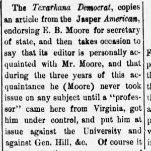 "The Texarkana Democrat, copies an article from the Jasper American" newspaper clipping