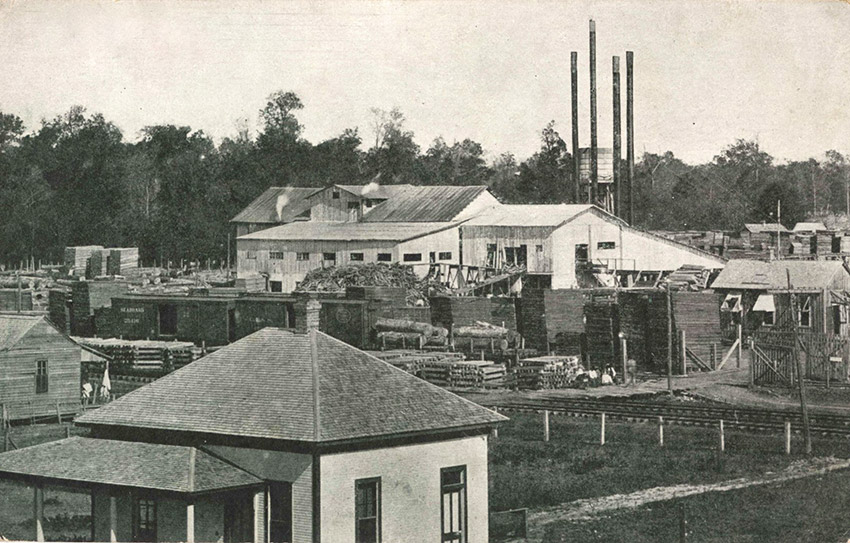 Stacks of lumber and industrial buildings with trees in the background