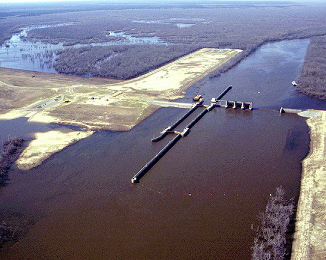 Aerial view of lake with locks and dam