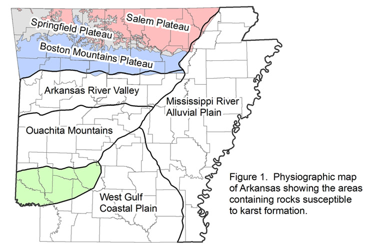 Map of Arkansas divided into regions with labels
