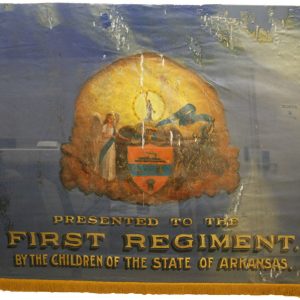 State seal imagery on blue flag with "Presented to the First Regiment by the children of the State of Arkansas" below it