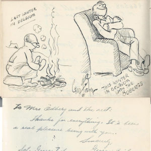 Cartoon of man at campfire warming his hands and man sitting in chair with arms and legs crossed and another man working at easel