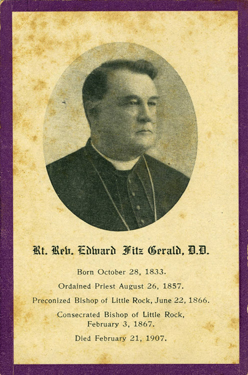 Picture of white man in white collar and clerical garb on card with name and important dates of his life