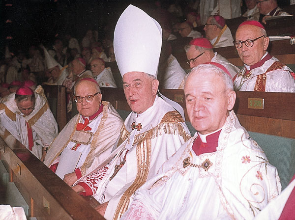 Crowd of white men in bishop's robes, the central one with a white miter, sitting in pews