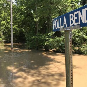 "Holla Bend" road under water with road sign in the foreground